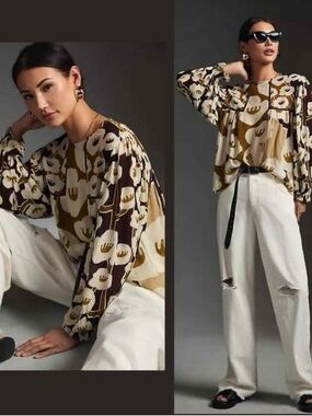 BL^NK London Anthropologie Abstract Boho Blouse XL Style Artsy Peasant Top